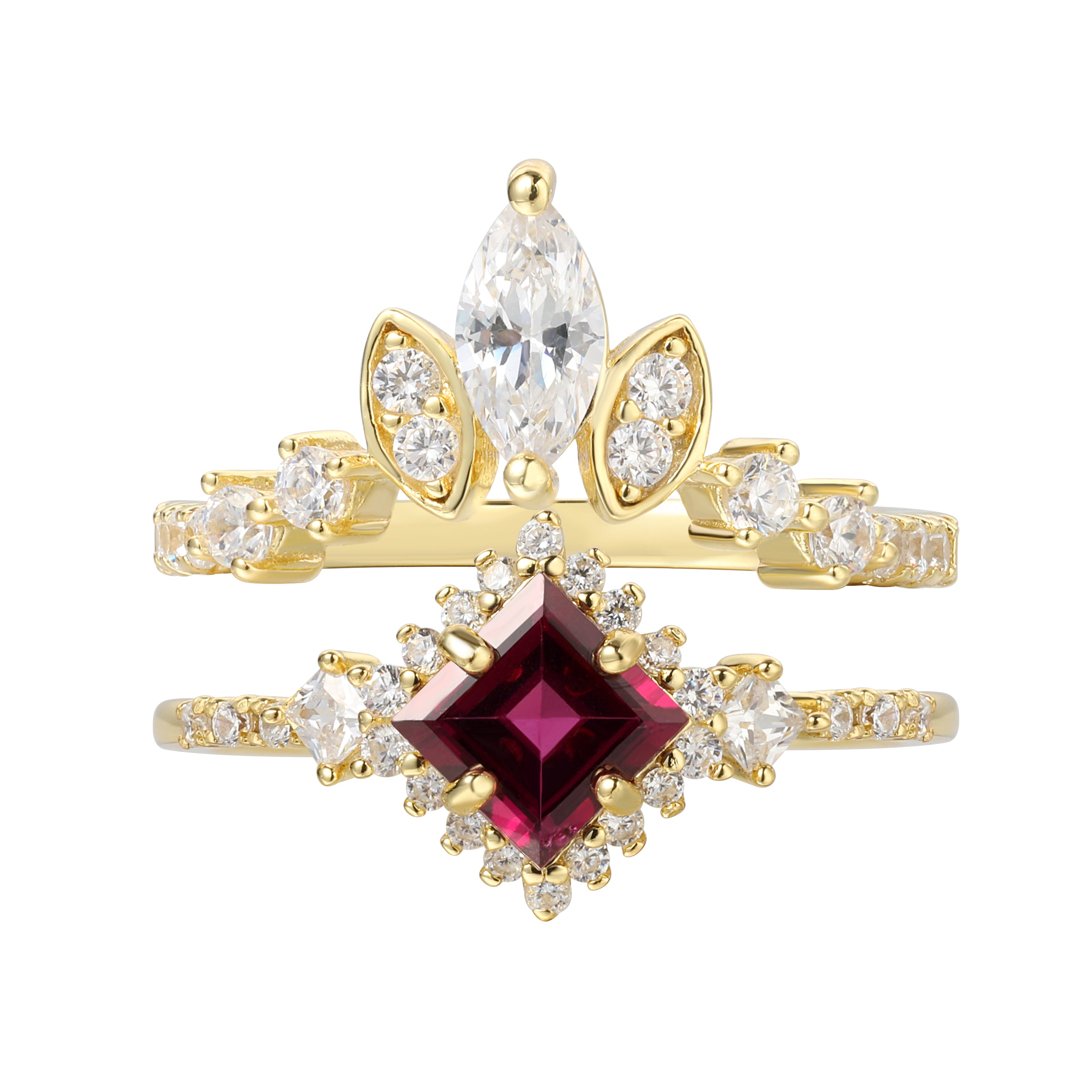 【ZENOBIA SET】Handmade Natural Rhodolite Garnet Engagement Ring Set 2pcs Princess Shape 0.75ct