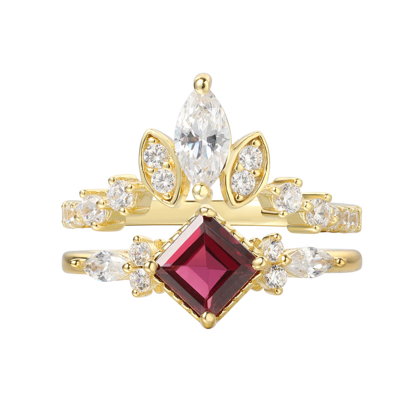 【ANTONIA SET】Handmade Natural Rhodolite Garnet Engagement Ring Set 2pcs 0.75ct Princess Shape