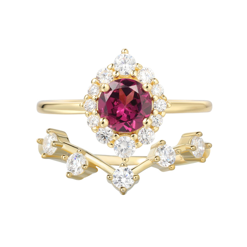 【Cerise Set】Handmade Natural Rhodolite Garnet Engagement Ring Set 2pcs0.8ct Round Shape