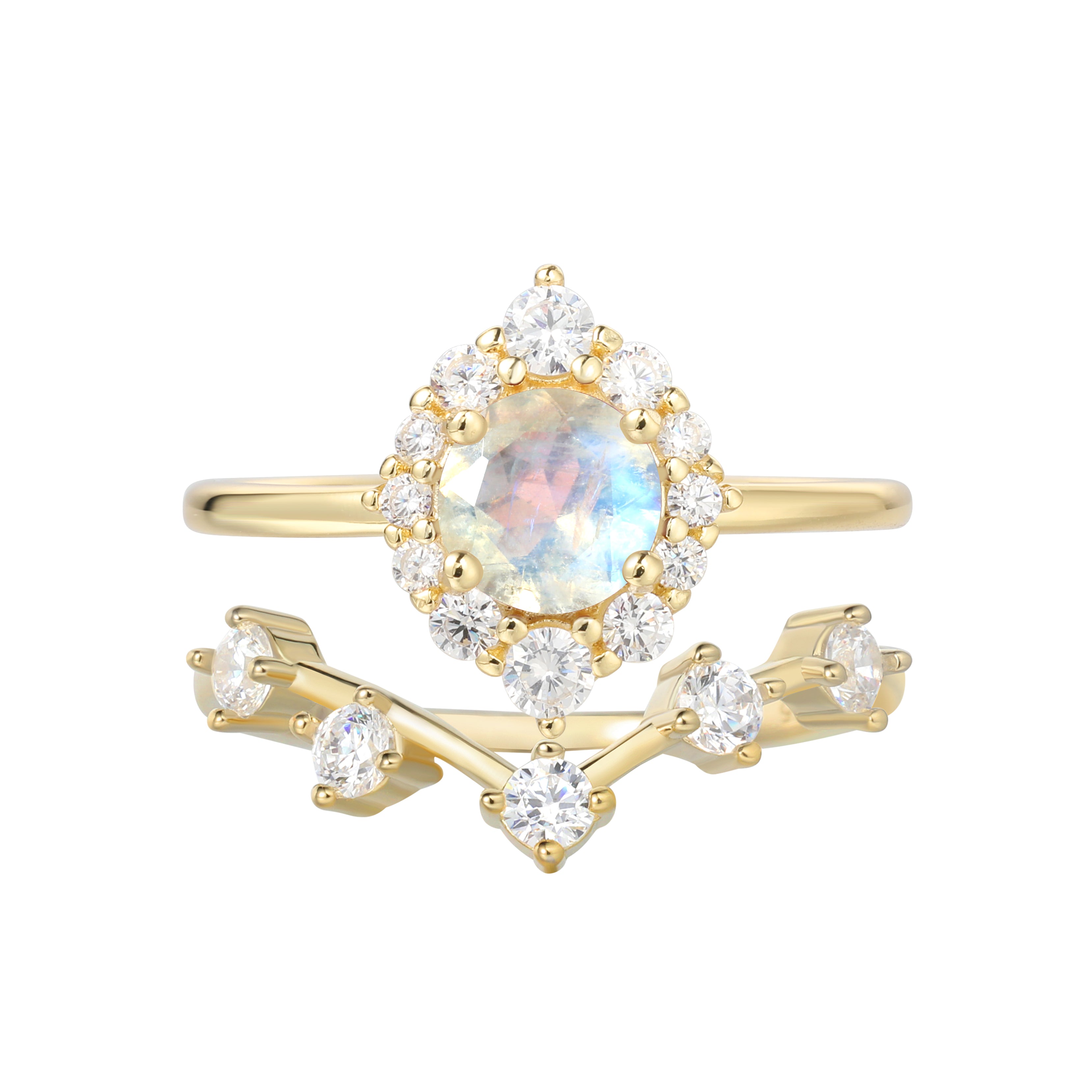 【Auraluna Set】Unique Handmade Natural Blue Moonstone Engagement Ring Set 2pcs 0.8ct Round Shape