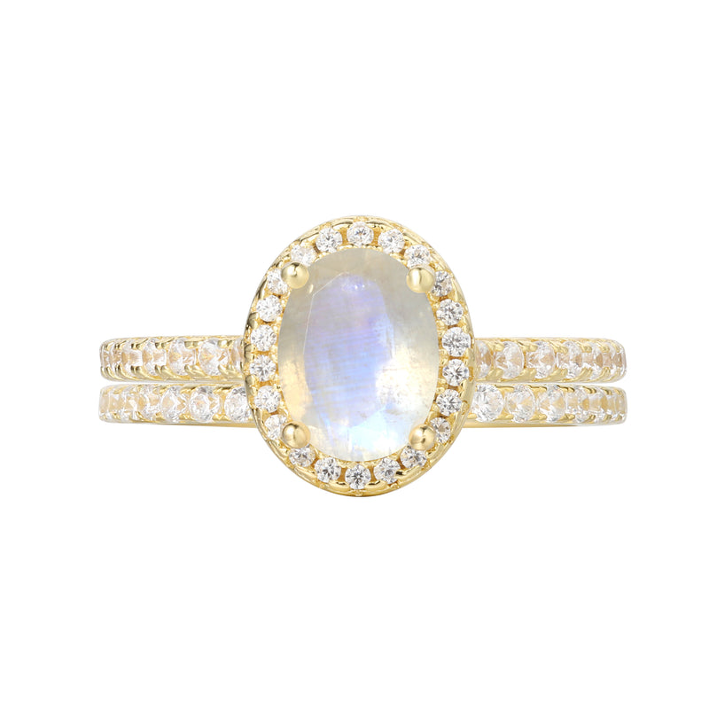 【Lunaria Set】Unique Handmade Natural Blue Moonstone Engagement Ring Set 2pcs 1.5ct Oval Shape