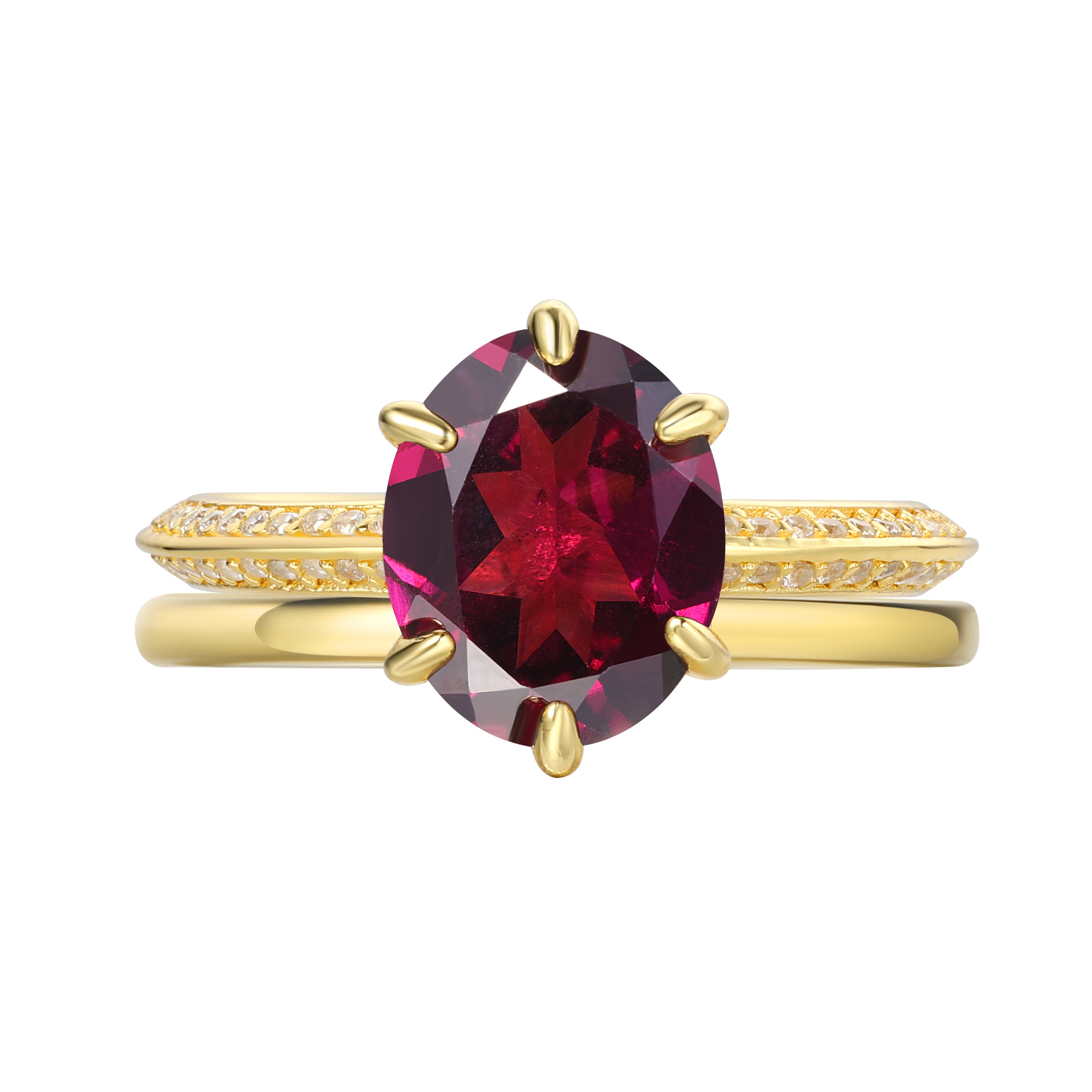 【Rubaiyat Set】Unique Handmade Natural Rhodolite Garnet Engagement Ring Set 2pcs 3ct Oval Shape