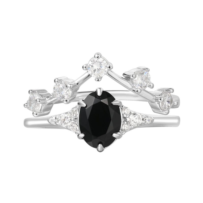 【Lyra Set】Handmade Natural Black Onyx Engagement Ring Set 2pcs 0.75ct Oval Shape