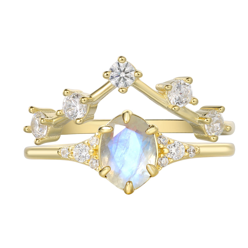 【Artemis Set】Unique Handmade Natural Blue Moonstone Engagement Ring Set 2pcs 0.75ct Oval Shape