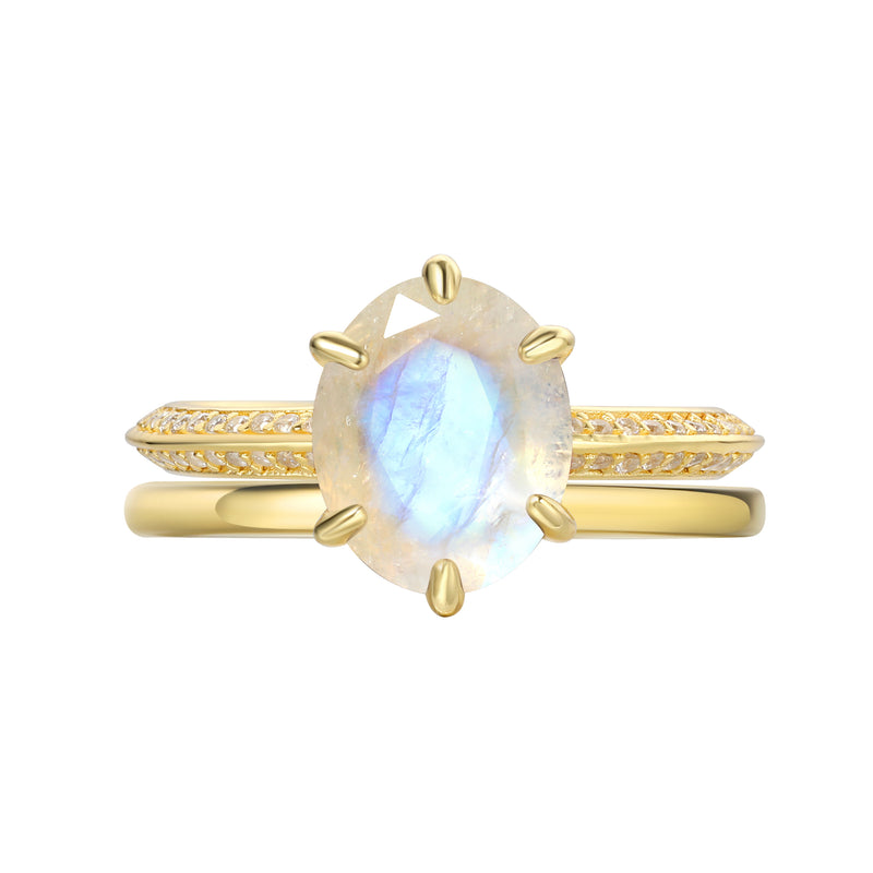 【Astral Set】Unique Handmade Natural Blue Moonstone Engagement Ring Set 2pcs 3ct Oval Shape