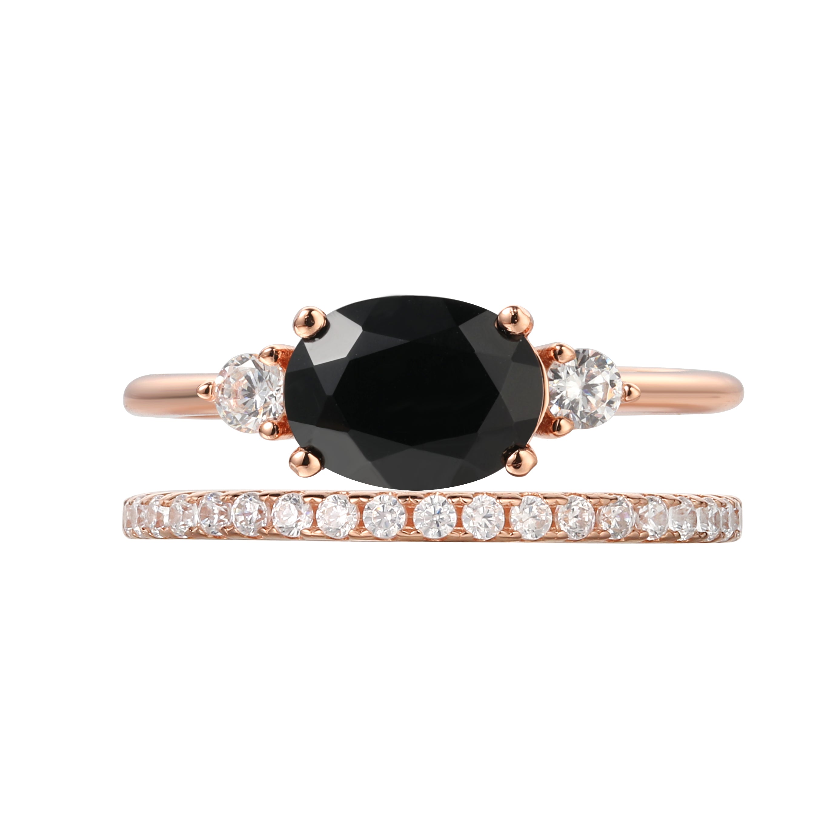 【Onyx Vertex Set】Handmade Natural Black Onyx Engagement Ring Set 2pcs 1.5ct Oval Shape