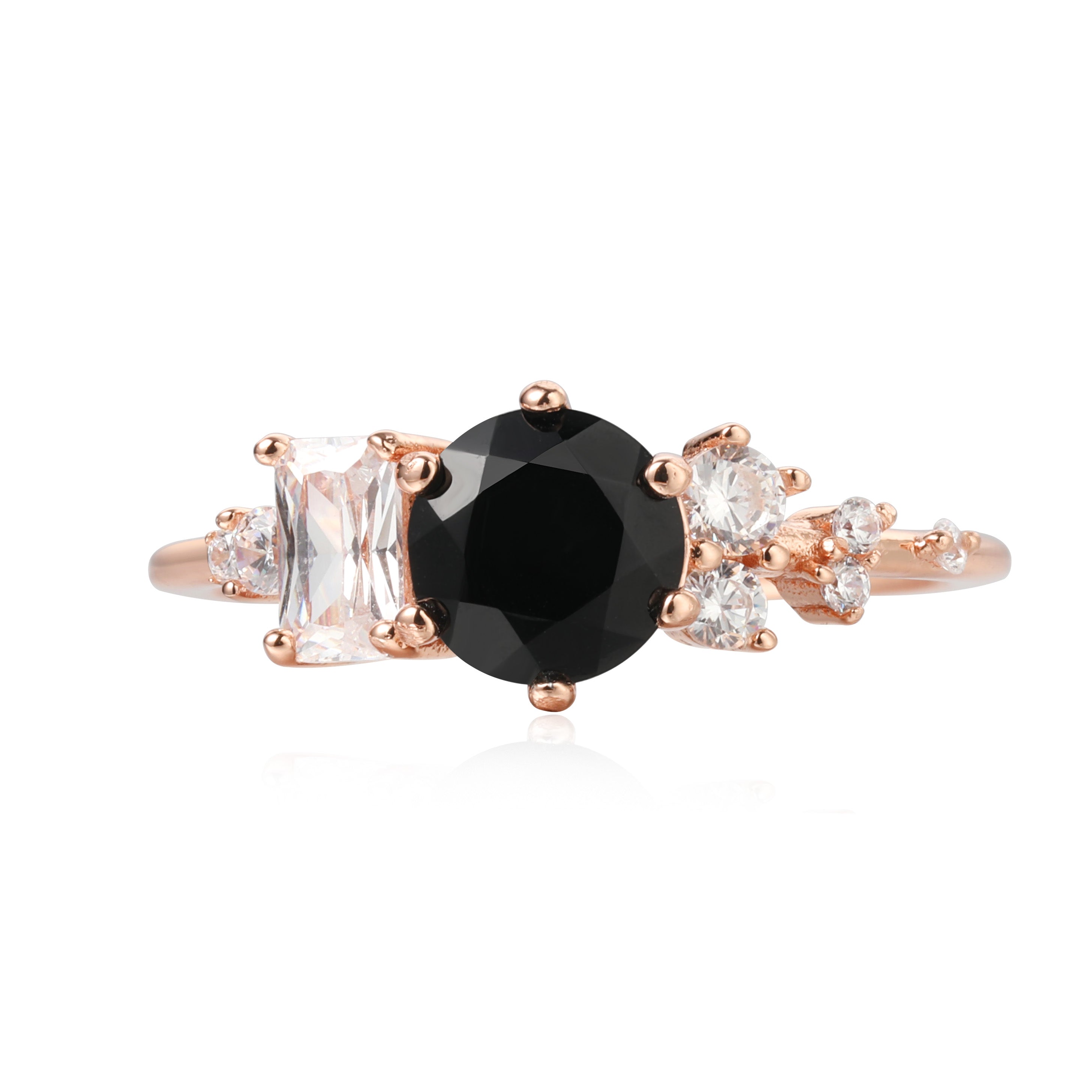 【Flora】Handmade Natural Black Onyx Engagement Ring 0.8ct Round Shape