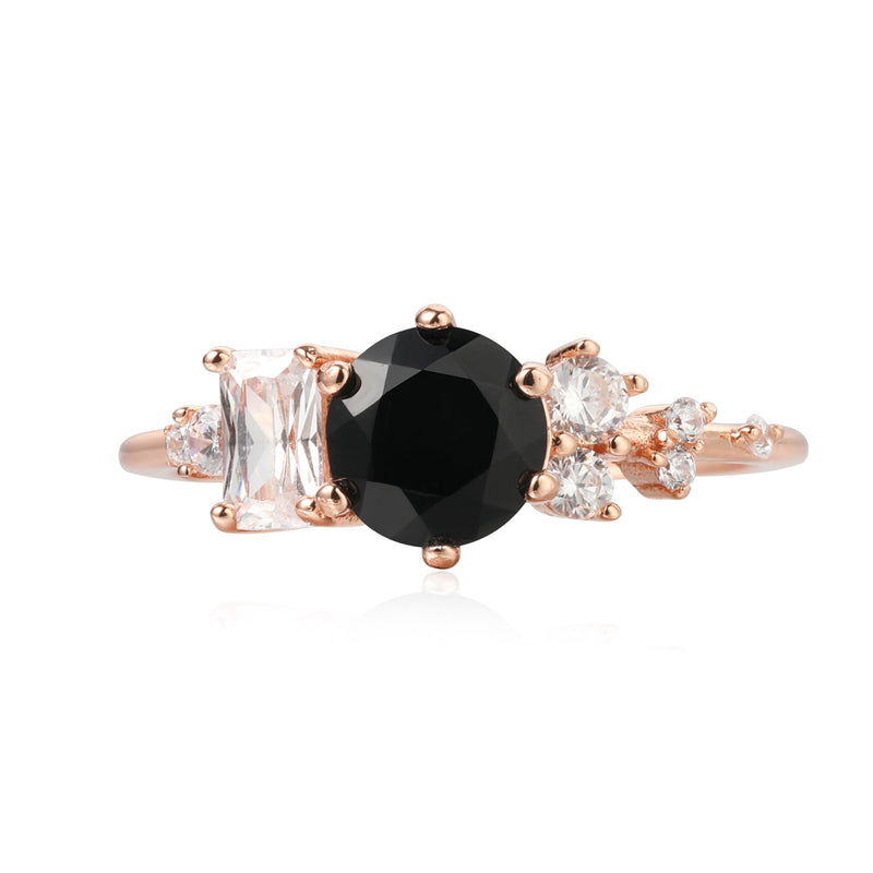 【Flora】Handmade Natural Black Onyx Engagement Ring 0.8ct Round Shape