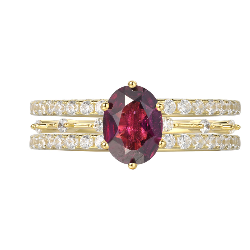 【Passion Set】Unique Handmade Natural Rhodolite Garnet Engagement Ring Set 3pcs 1.5ct Oval Shape