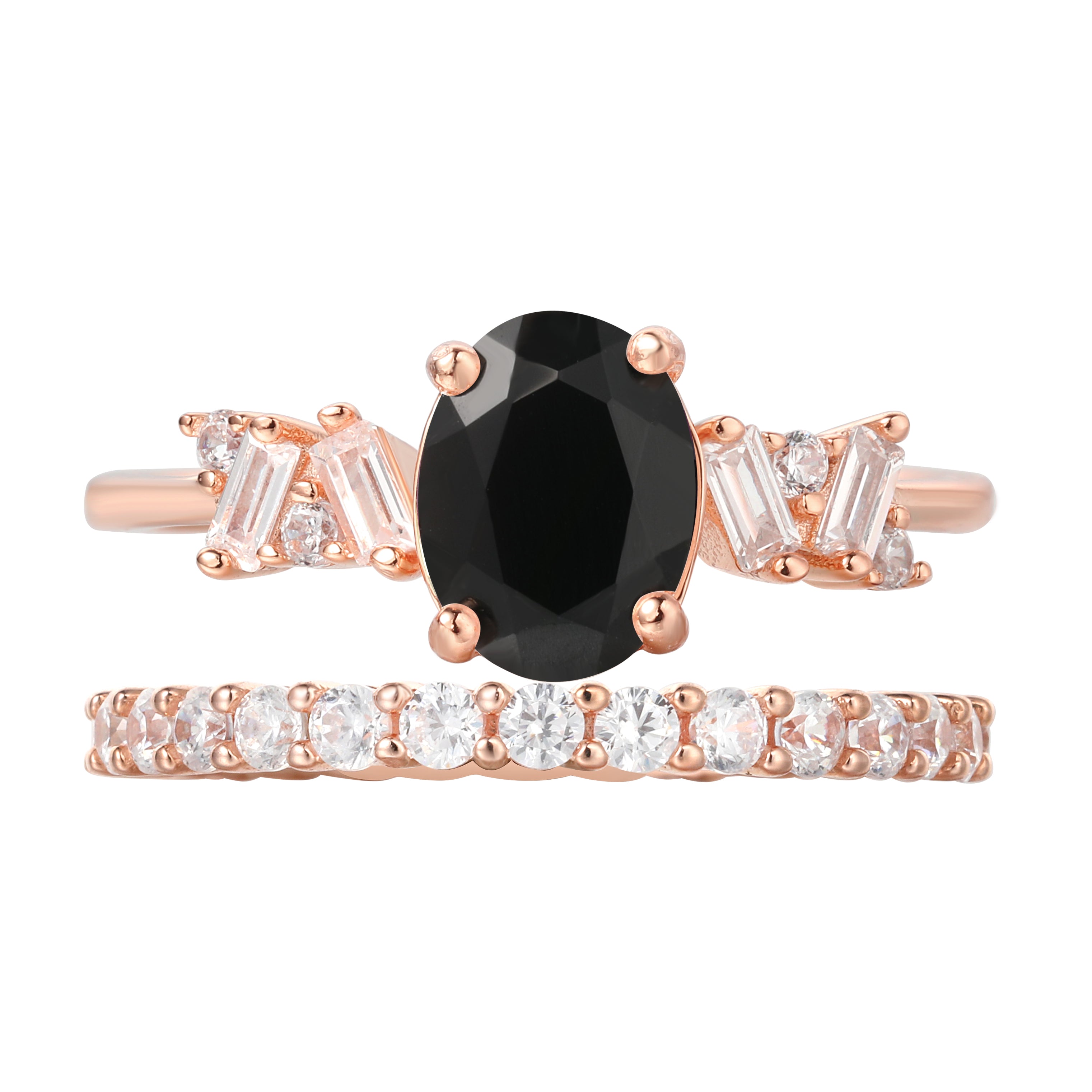 【Eclipsa Set】Handmade Natural Black Onyx Engagement Ring Set 2pcs 1.5ct Oval Shape