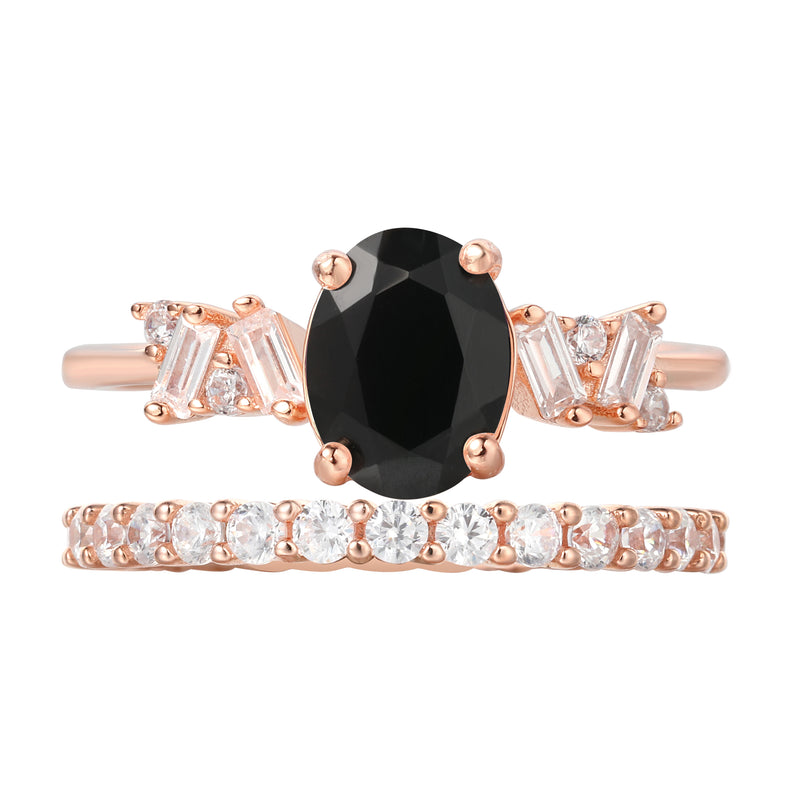 【Eclipsa Set】Handmade Natural Black Onyx Engagement Ring Set 2pcs 1.5ct Oval Shape