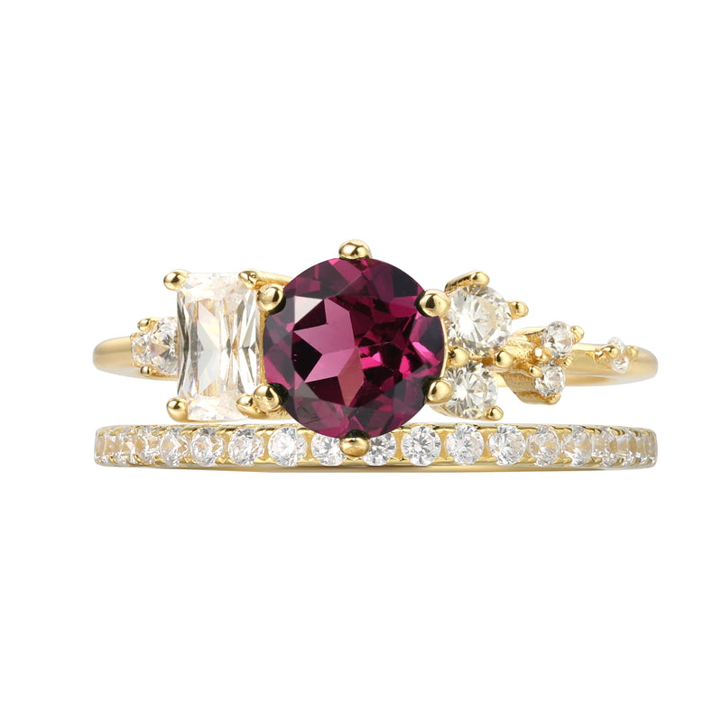 【Amaranth Set】Unique Handmade Natural Rhodolite Garnet Engagement Ring Set 2pcs 0.8ct Round Shape