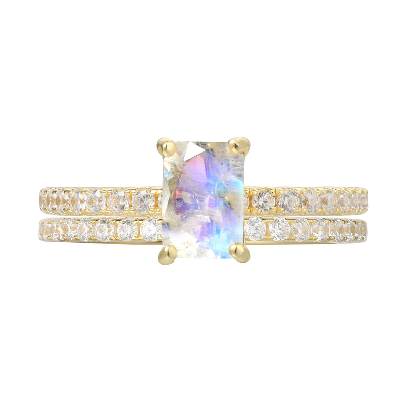 【Iris Set】Unique Handmade Natural Blue Moonstone Engagement Ring Set 2pcs 1ct Baguette Shape