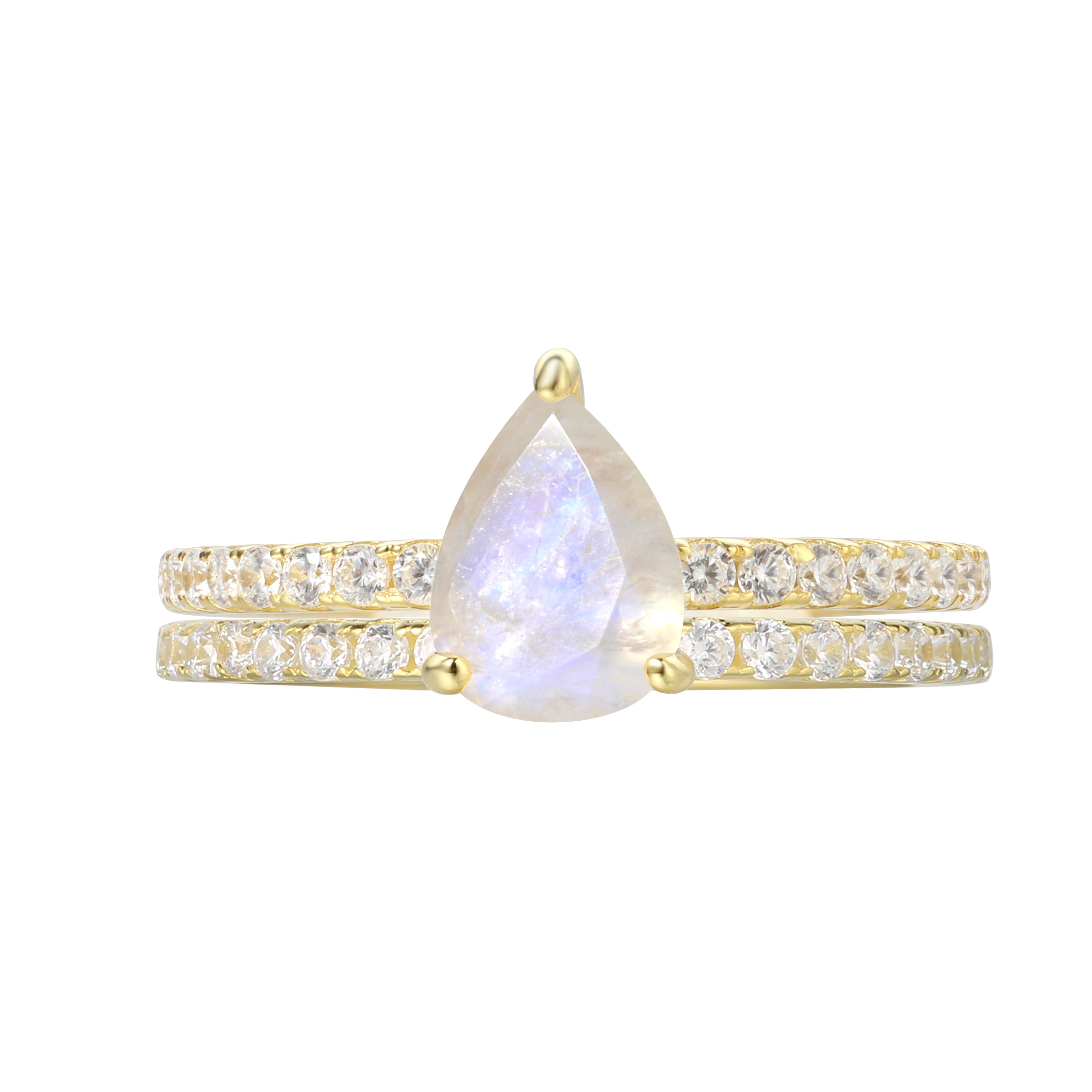 【Aurelia Set】Unique Handmade Natural Blue Moonstone Engagement Ring Set 2pcs 0.8ct Pear Shape