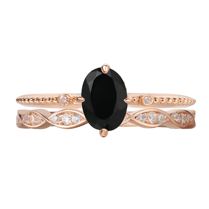 【Ensemble Elysian】Ensemble de 2 bagues de fiançailles ovales en onyx noir naturel fait main (0,75 ct).