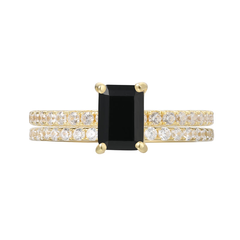 【Onyx Summetry Set】Handmade Natural Black Onyx Engagement Ring Set 2pcs 1ct Baguette Shape