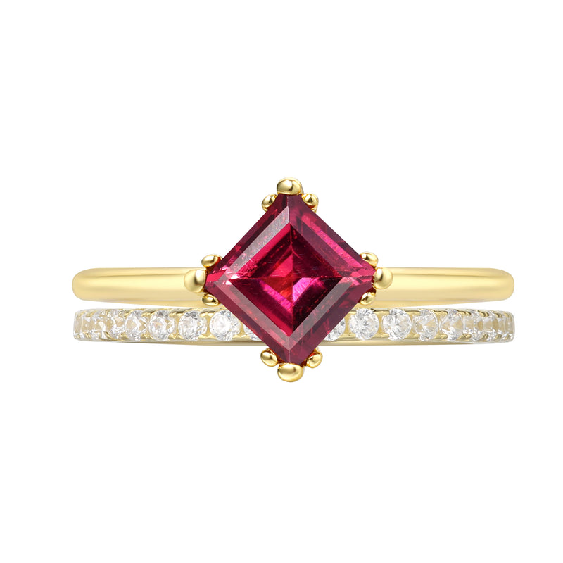 【Rubienne Set】Unique Handmade Natural Rhodolite Garnet Engagement Ring Set 2pcs 0.75ct Princess Shape