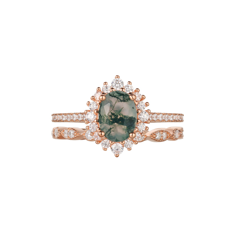 【Solara Set】Unique Handmade Natural Moss Agate Engagement Ring Set 2pcs 1.5ct Oval Shape