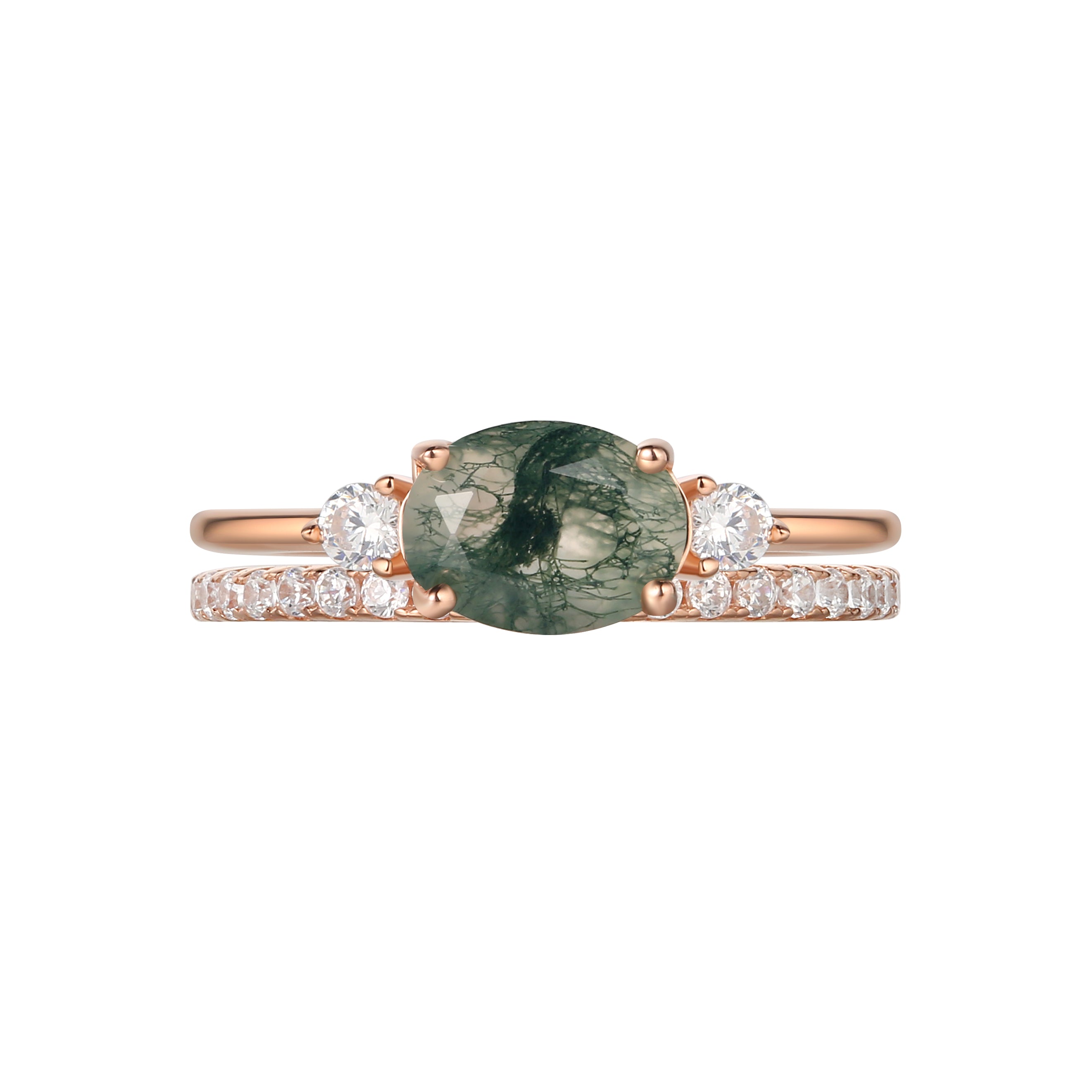 【Ethereal Veil Set】Unique Handmade Natural Moss Agate Engagement Ring Set 2pcs 1.5ct Oval Shape