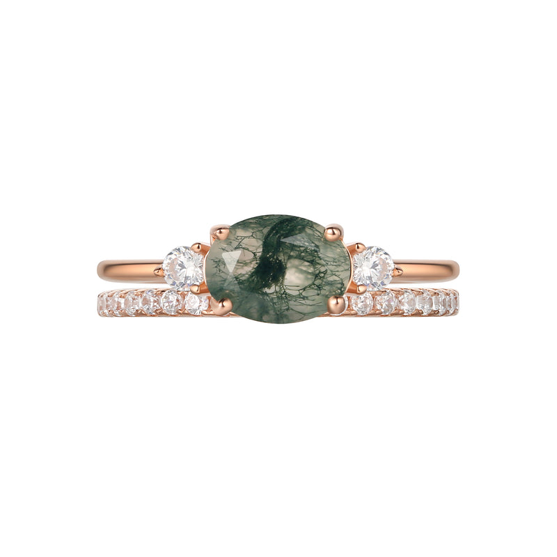 【Ethereal Veil Set】Unique Handmade Natural Moss Agate Engagement Ring Set 2pcs 1.5ct Oval Shape