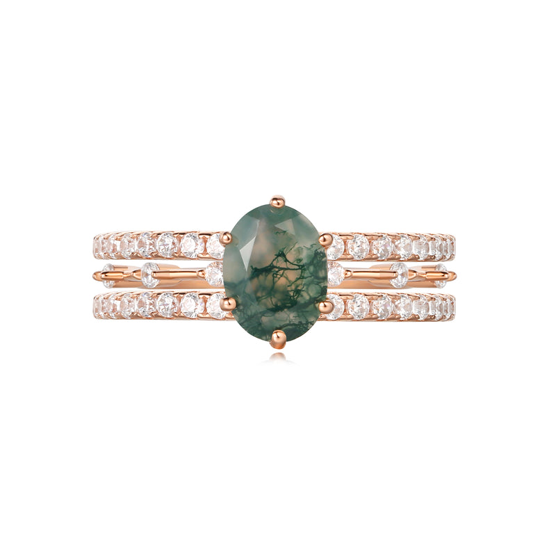 【Rootkeeper Set】Unique Handmade Natural Moss Agate Engagement Ring Set 3pcs 1.5ct Oval Shape