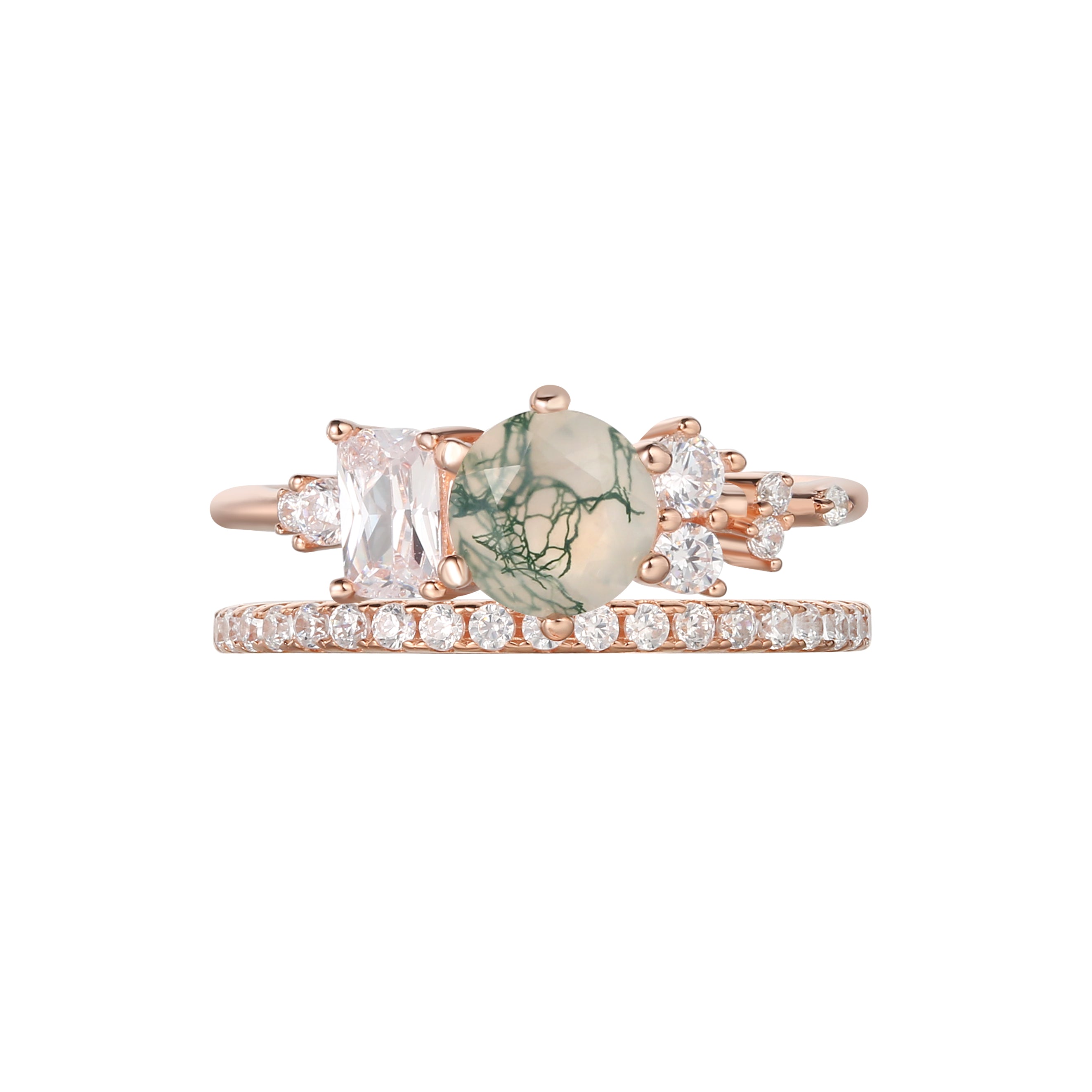 【Veridia Cascade Set】Unique Handmade Natural Moss Agate Engagement Ring Set 2pcs 0.8ct Round Shape
