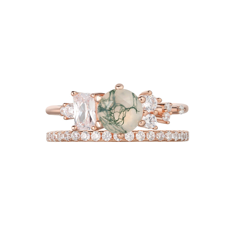 【Veridia Cascade Set】Unique Handmade Natural Moss Agate Engagement Ring Set 2pcs 0.8ct Round Shape
