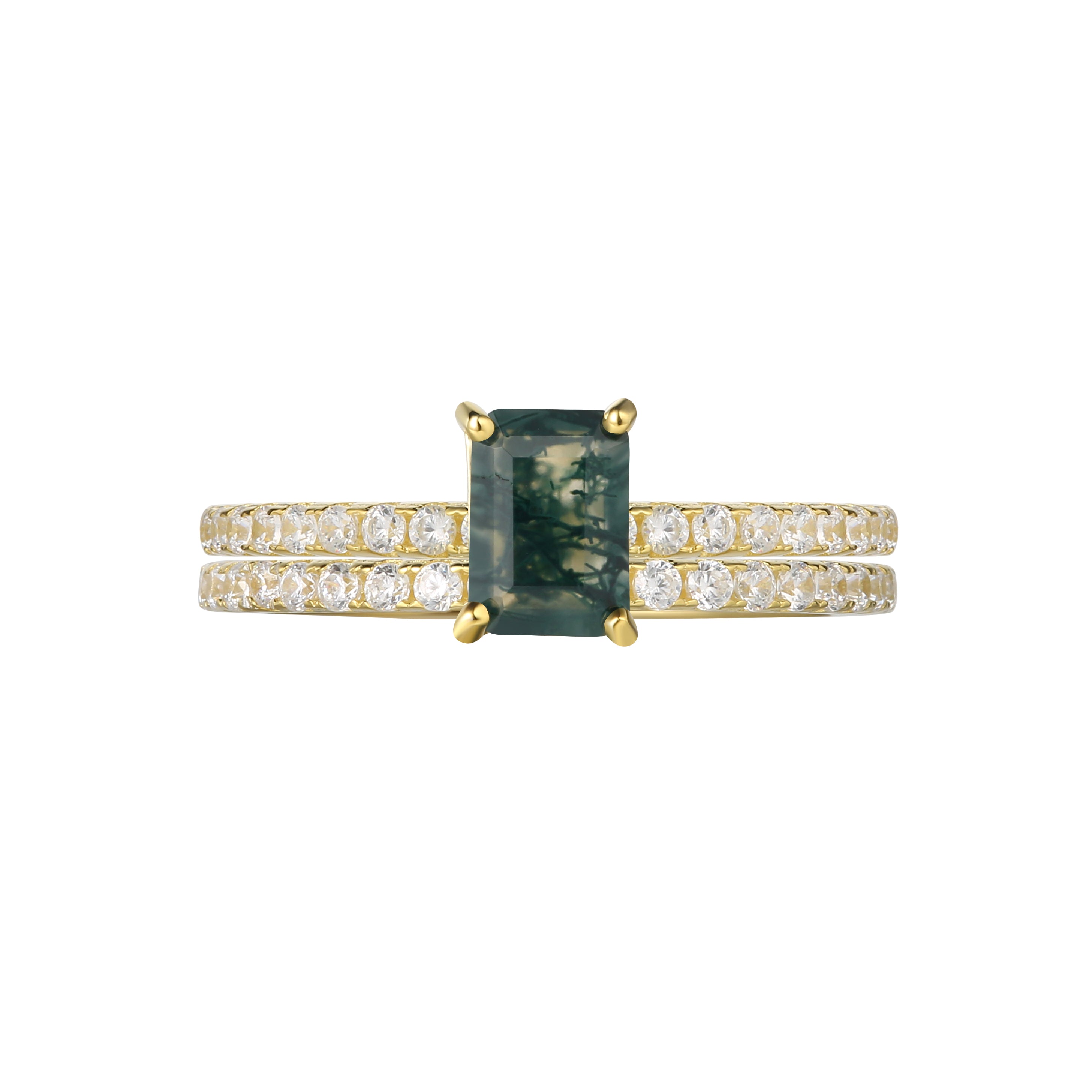 【Laguna Set】Unique Handmade Natural Moss Agate Engagement Ring Set 2pcs 1ct Baguette Shape