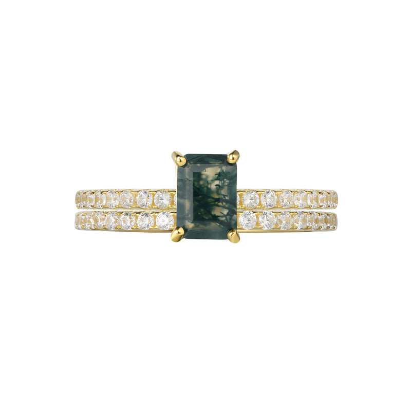 【Laguna Set】Unique Handmade Natural Moss Agate Engagement Ring Set 2pcs 1ct Baguette Shape