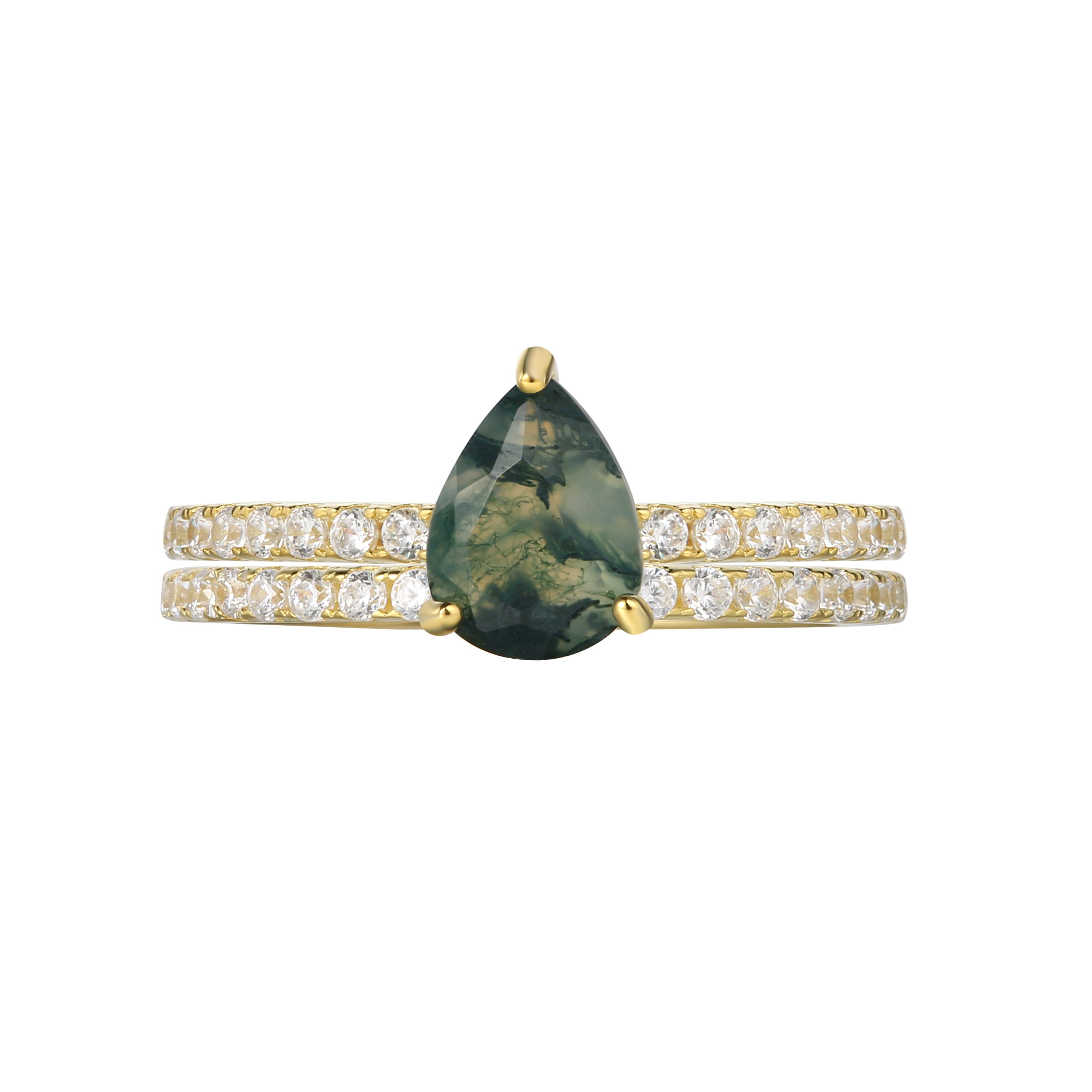 【Naiad Set】Unique Handmade Natural Moss Agate Engagement Ring Set 2pcs 0.8ct Pear Shape