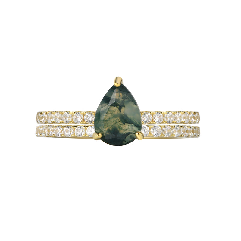 【Naiad Set】Unique Handmade Natural Moss Agate Engagement Ring Set 2pcs 0.8ct Pear Shape