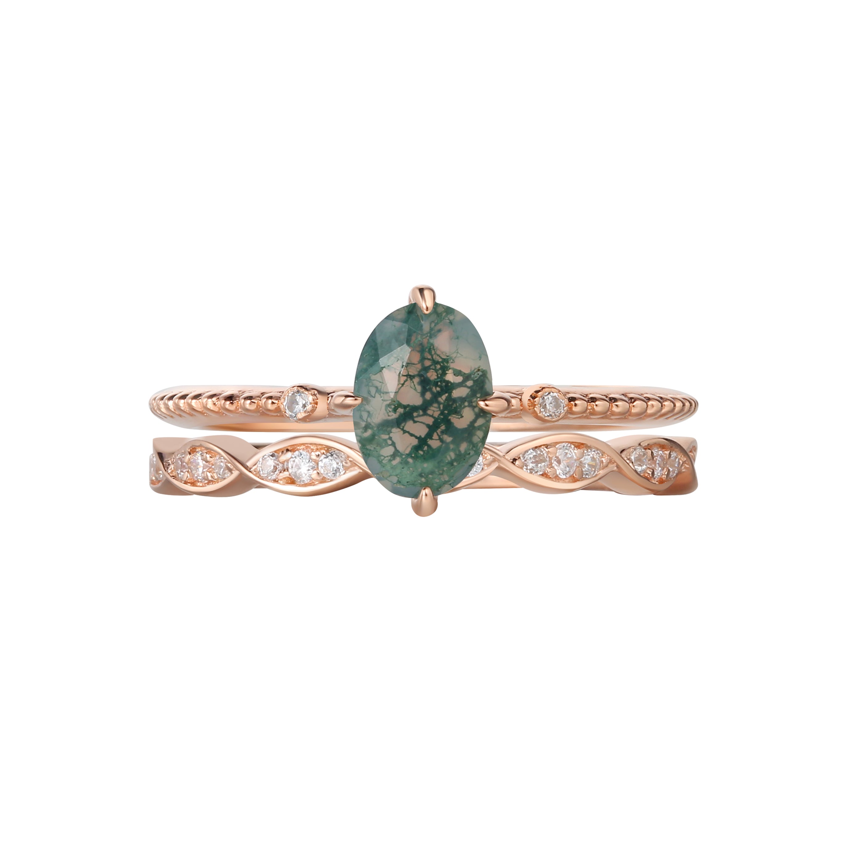 【Veridian set】Unique Handmade Natural Moss Agate Engagement Ring Set 2pcs 3ct Oval Shape