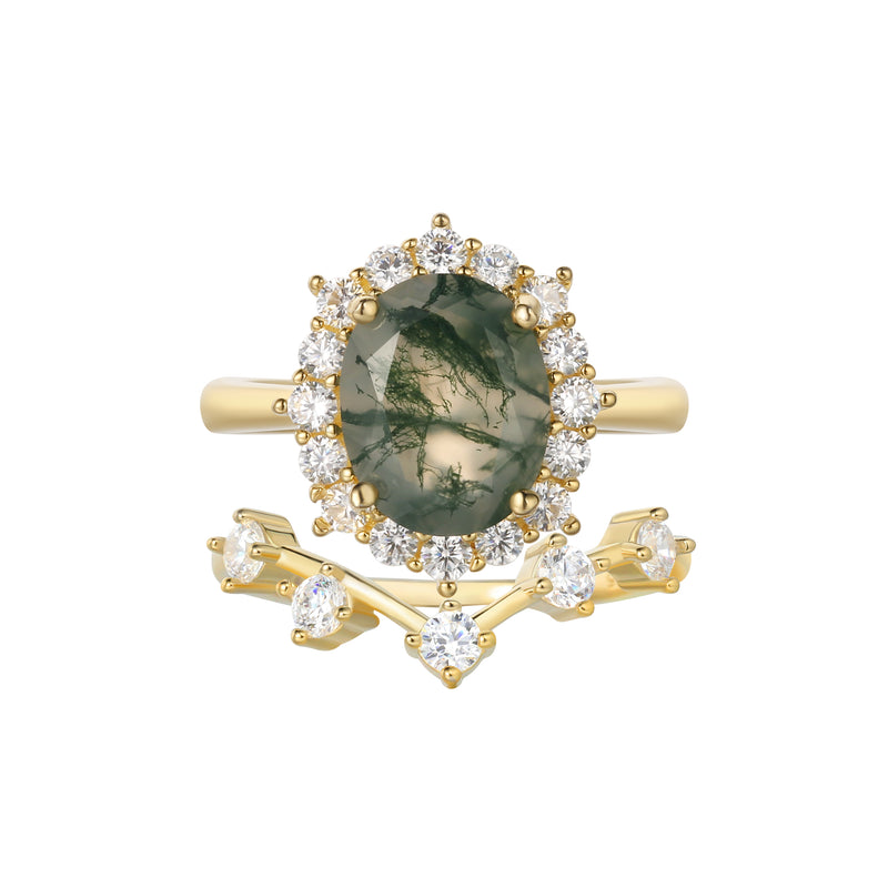 【Morrigan Set】 Unique Handmade Natural Green Moss Agate Engagement Ring Set 2pcs Oval Shape 3ct