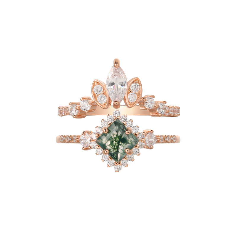 【RHIANNON SET】Unique Handmade Natural Moss Agate Engagement Ring Set 2pcs Princess Shape 0.75ct