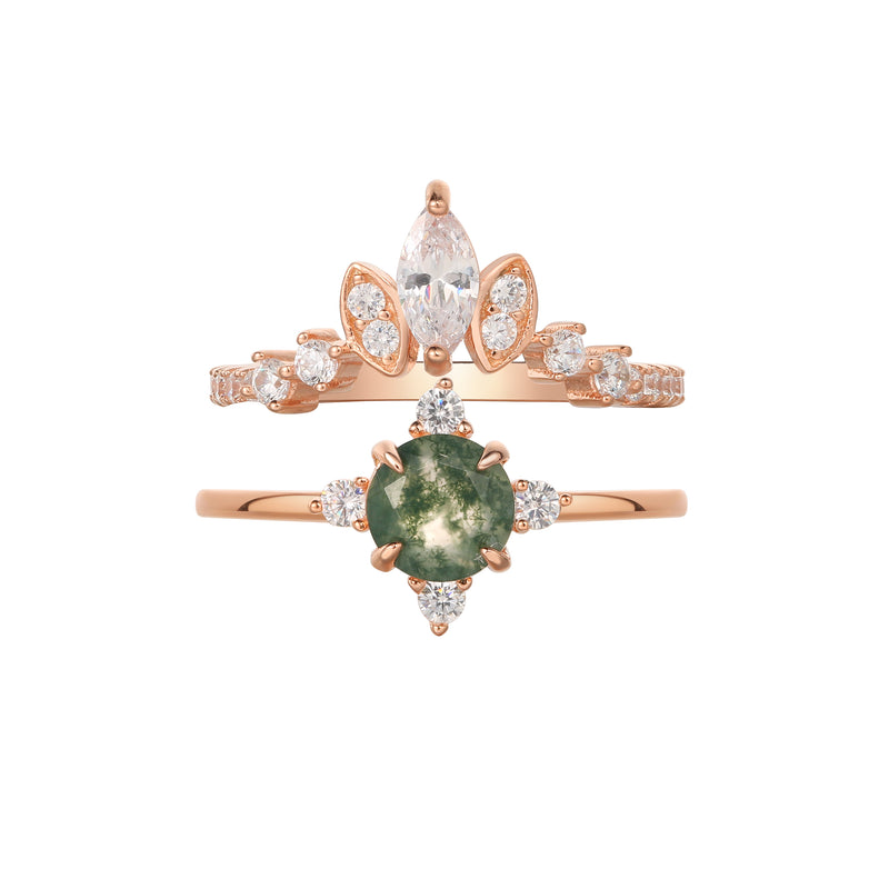 【THAILA SET】Unique Handmade Natural Moss Agate Engagement Ring Set 2pcs Round Shape 0.8ct