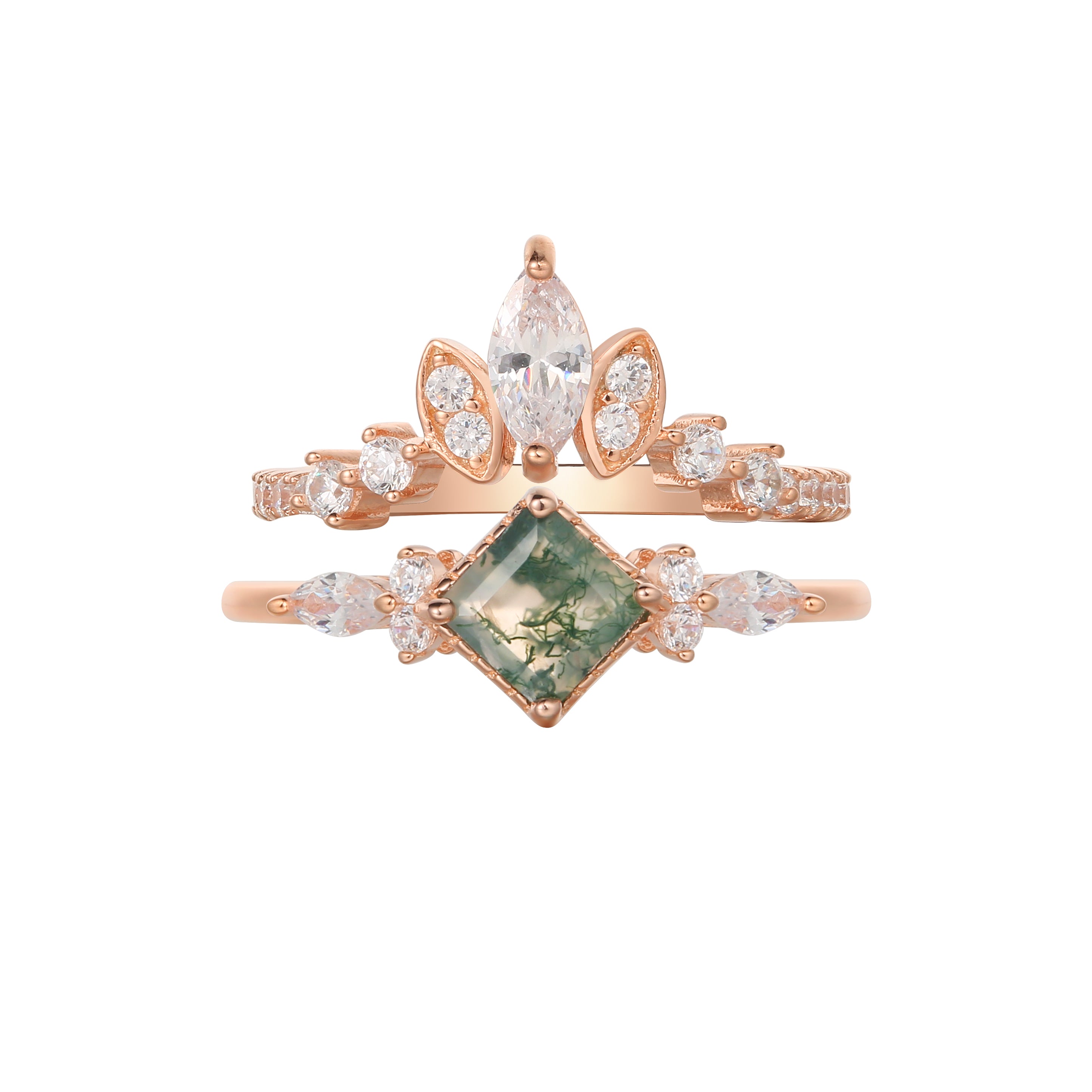 【GAIA SET】Unique Handmade Natural Moss Agate Engagement Ring Set 2pcs 0.75ct Princess Shape