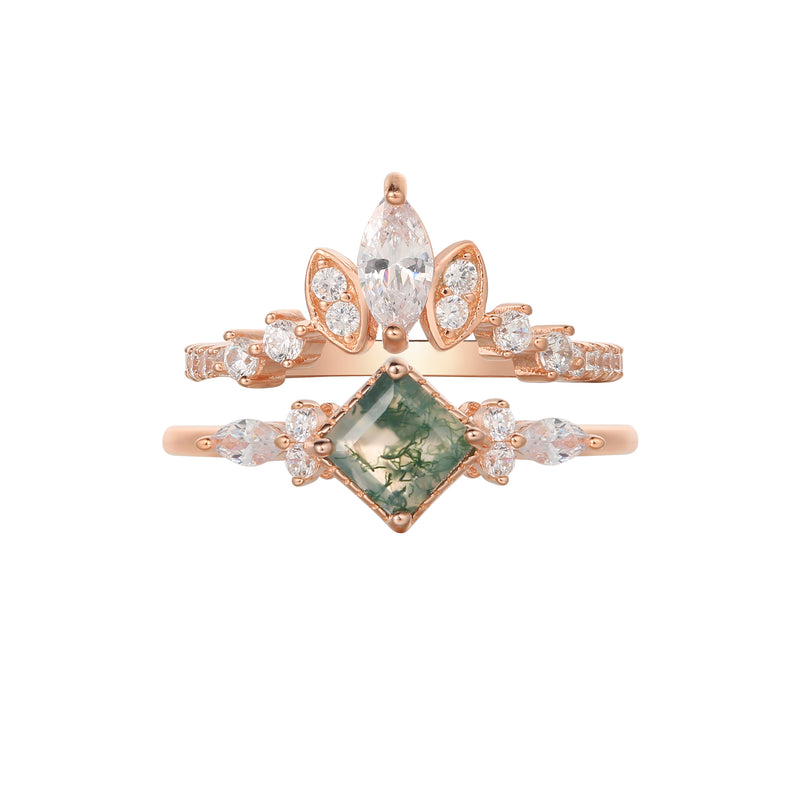 【GAIA SET】Unique Handmade Natural Moss Agate Engagement Ring Set 2pcs 0.75ct Princess Shape