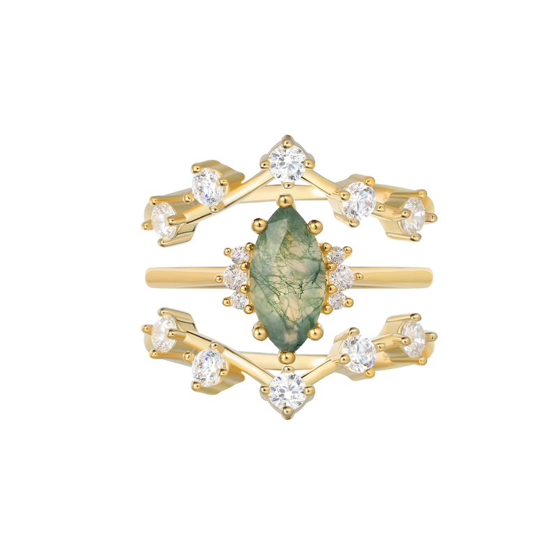 【CASSIOPEIA SET】Unique Handmade Natural Moss Agate Engagement Ring Set 3pcs Marquise Shape 1ct