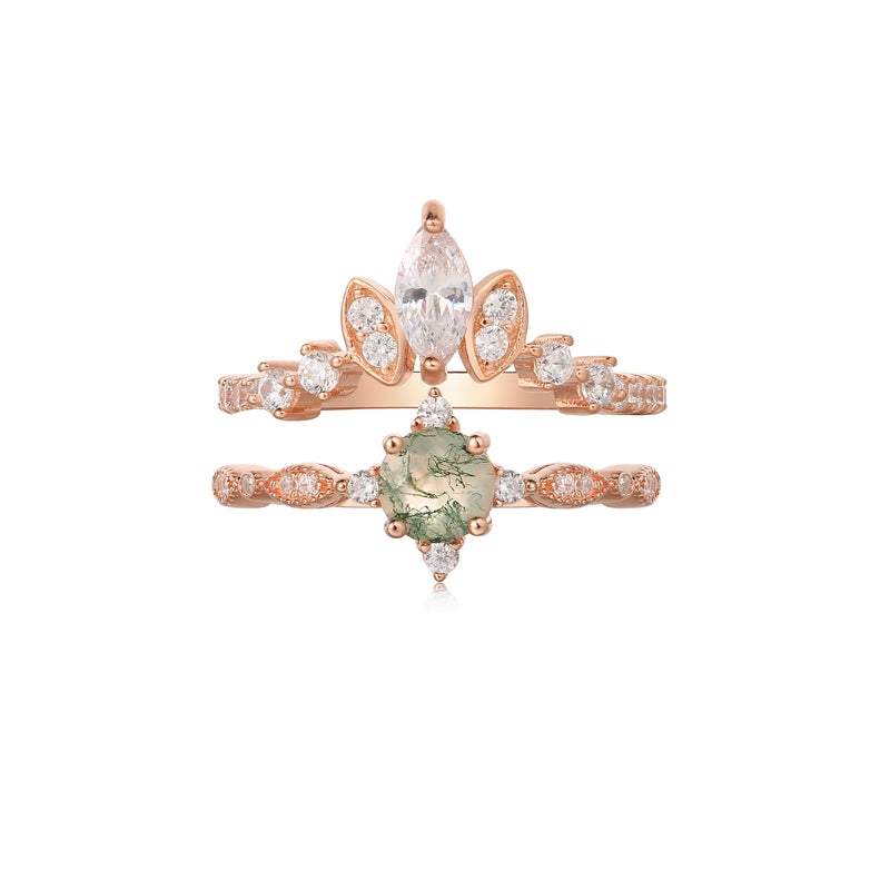 【Coralie Set】Unique Handmade Natural Moss Agate Engagement Ring Set 2pcs 0.5ct Round Shape