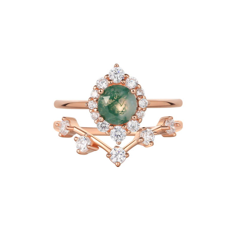 【Sylvana Set】Unique Handmade Natural Moss Agate Engagement Ring Set 2pcs 0.8ct Round Shape