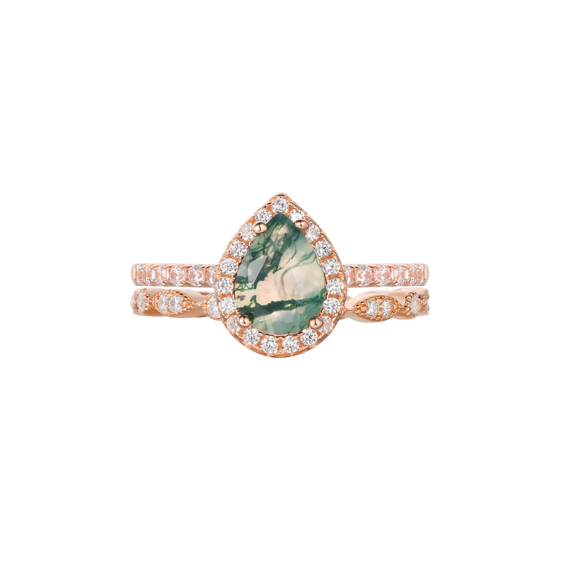 【Verdian Set】Unique Handmade Natural Moss Agate Engagement Ring Set 2pcs 0.8ct Pear Shape