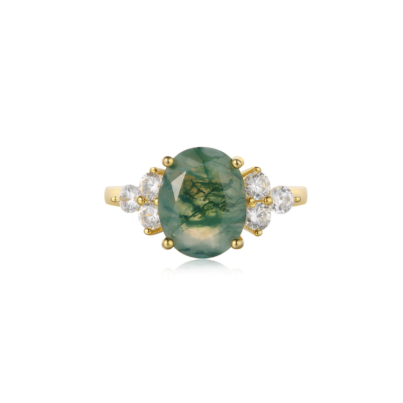 【ELOWEN】Unique Handmade Natural Moss Agate Engagement Ring Oval Shape 3ct