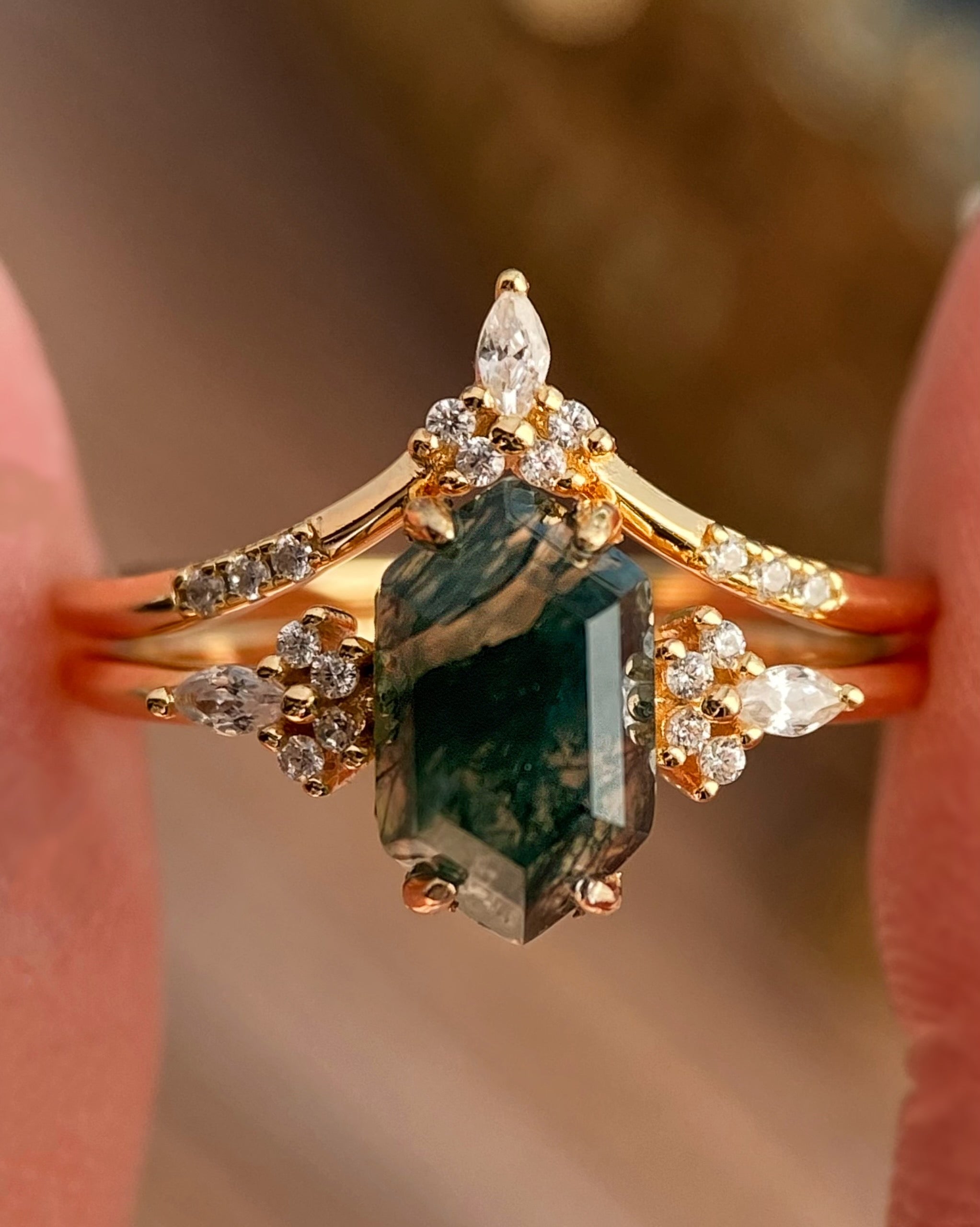 Nimue | Unique Vintage Fairycore Hexagon Cut Moss Agate Engagement Ring Set