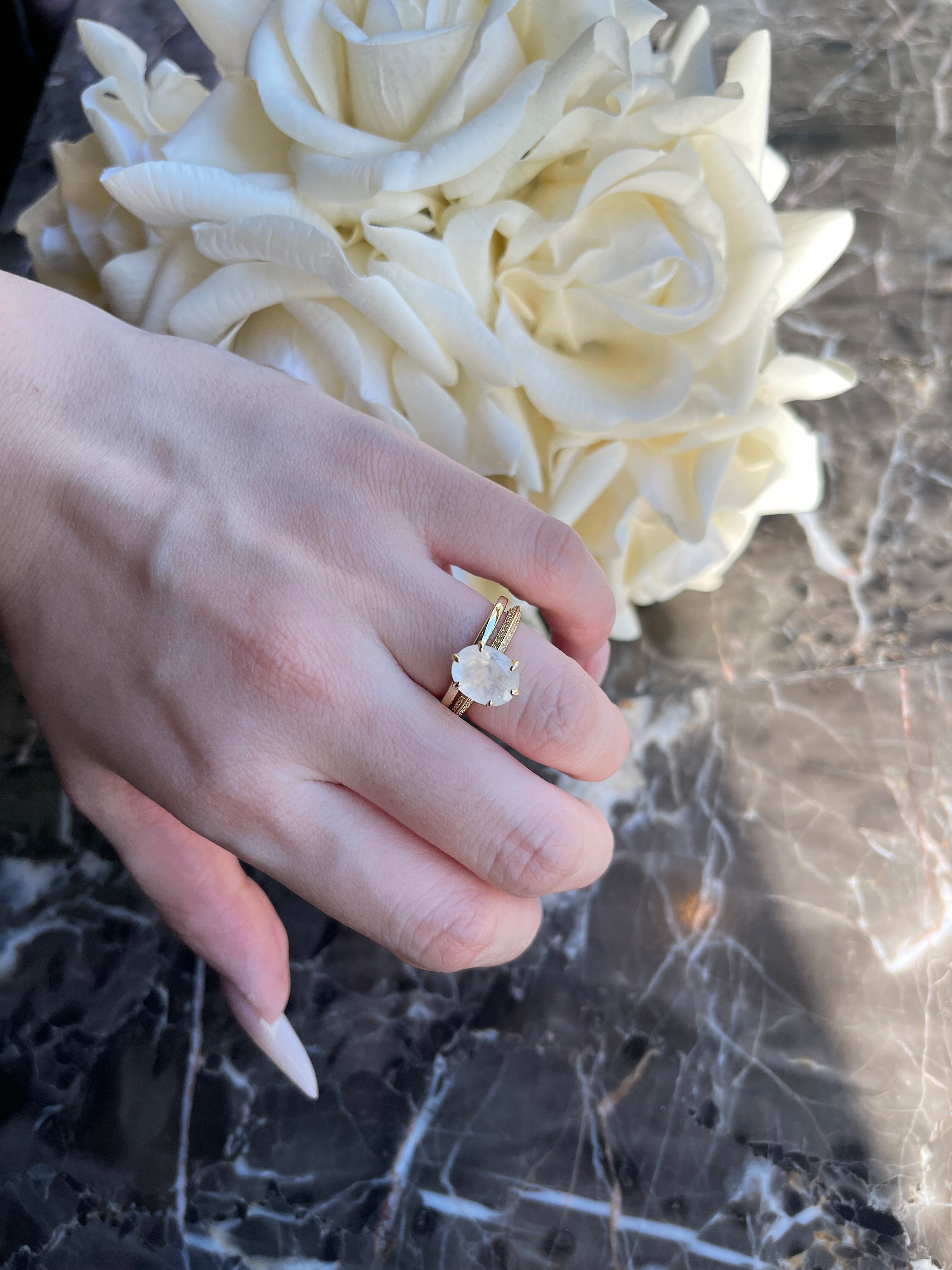 【Astral】Unique Handmade Natural Blue Moonstone Engagement Ring 3ct Oval Shape