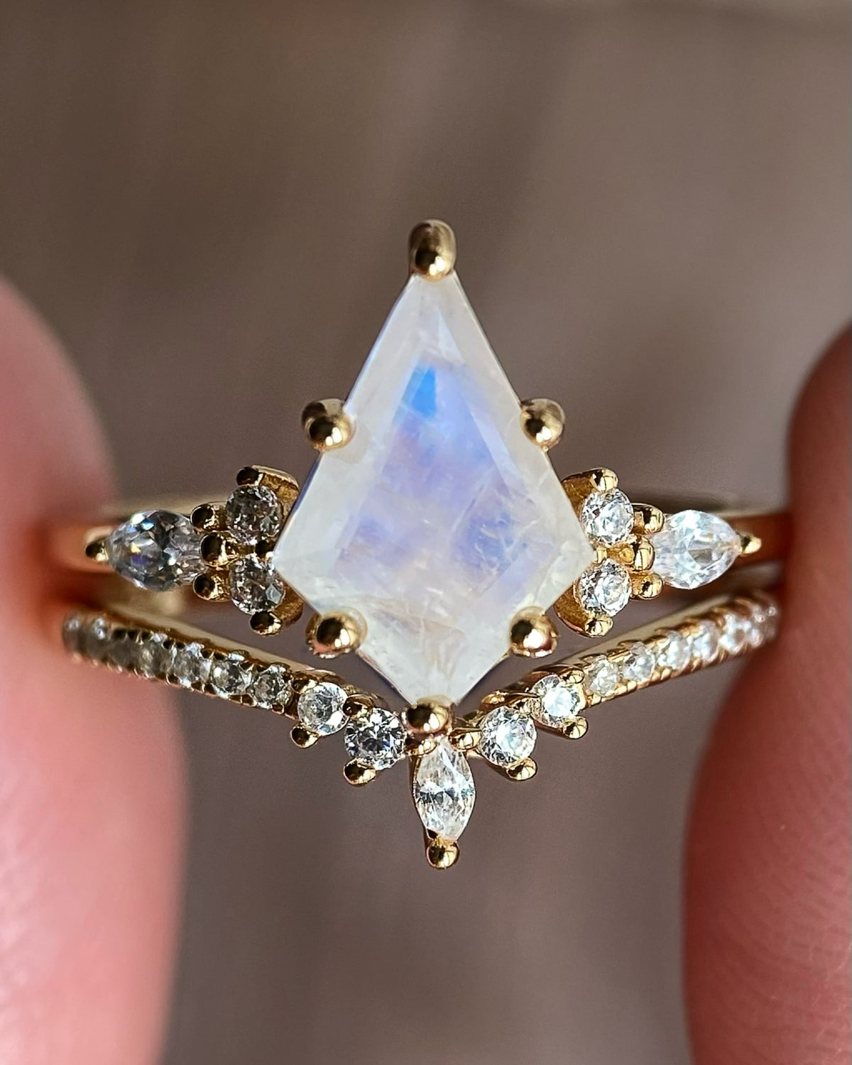 Atalanta| Fantasy Fairy-Core Kite Cut Blue Moonstone Engagement Ring Set