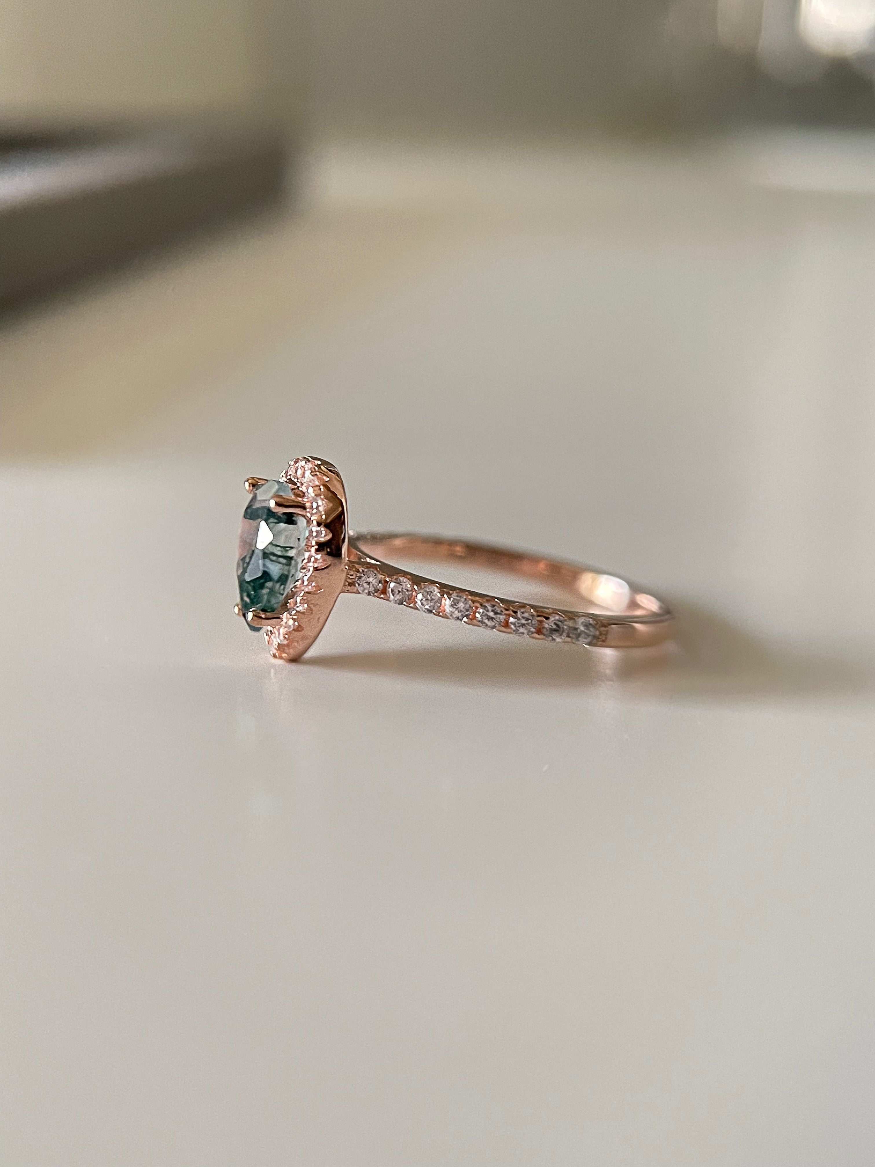 【Verdian】Unique Handmade Natural Moss Agate Engagement Ring 0.8ct Pear Shape