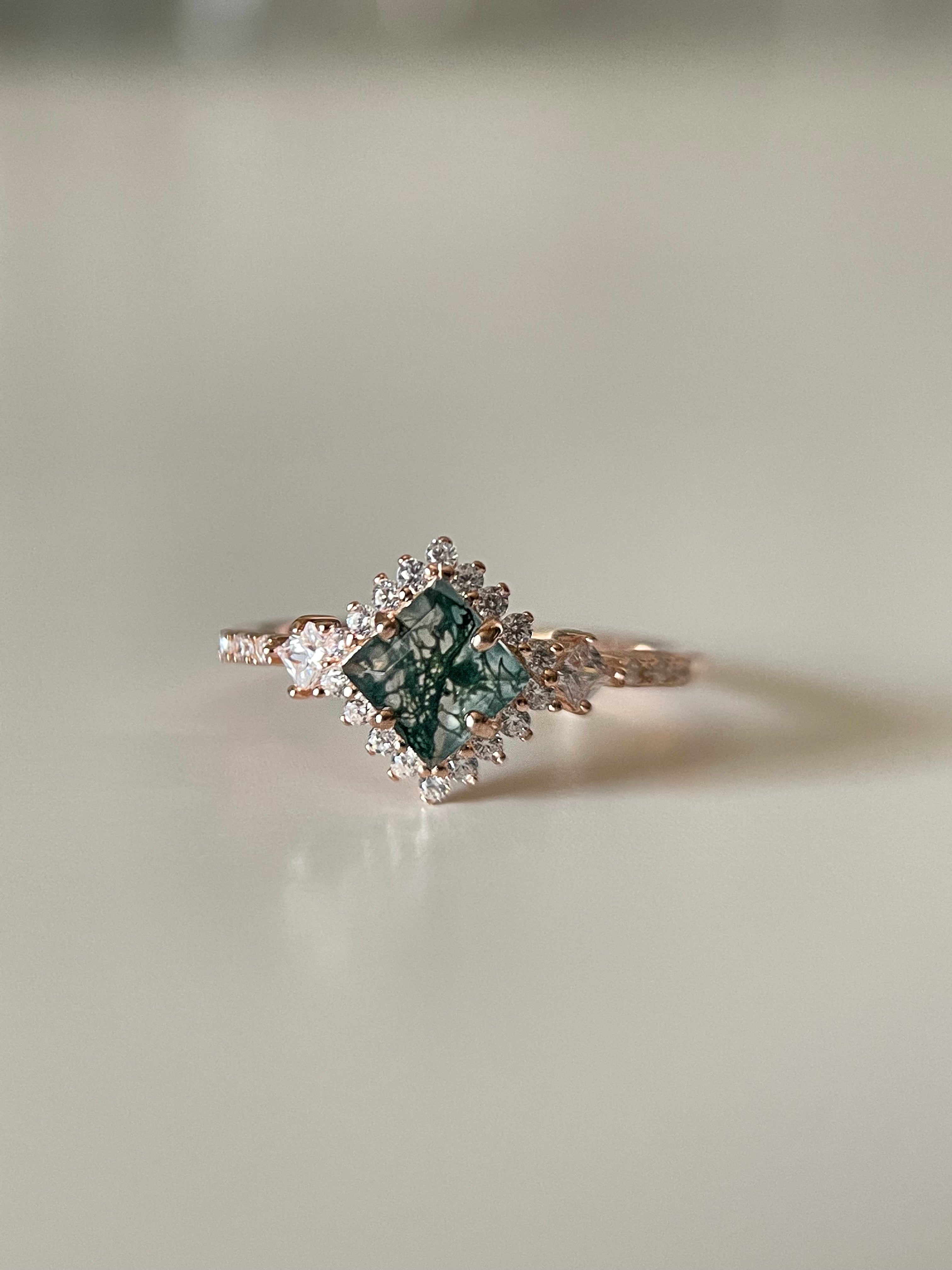 【RHIANNON】Unique Handmade Natural Moss Agate Engagement Ring Princess Shape 0.75ct