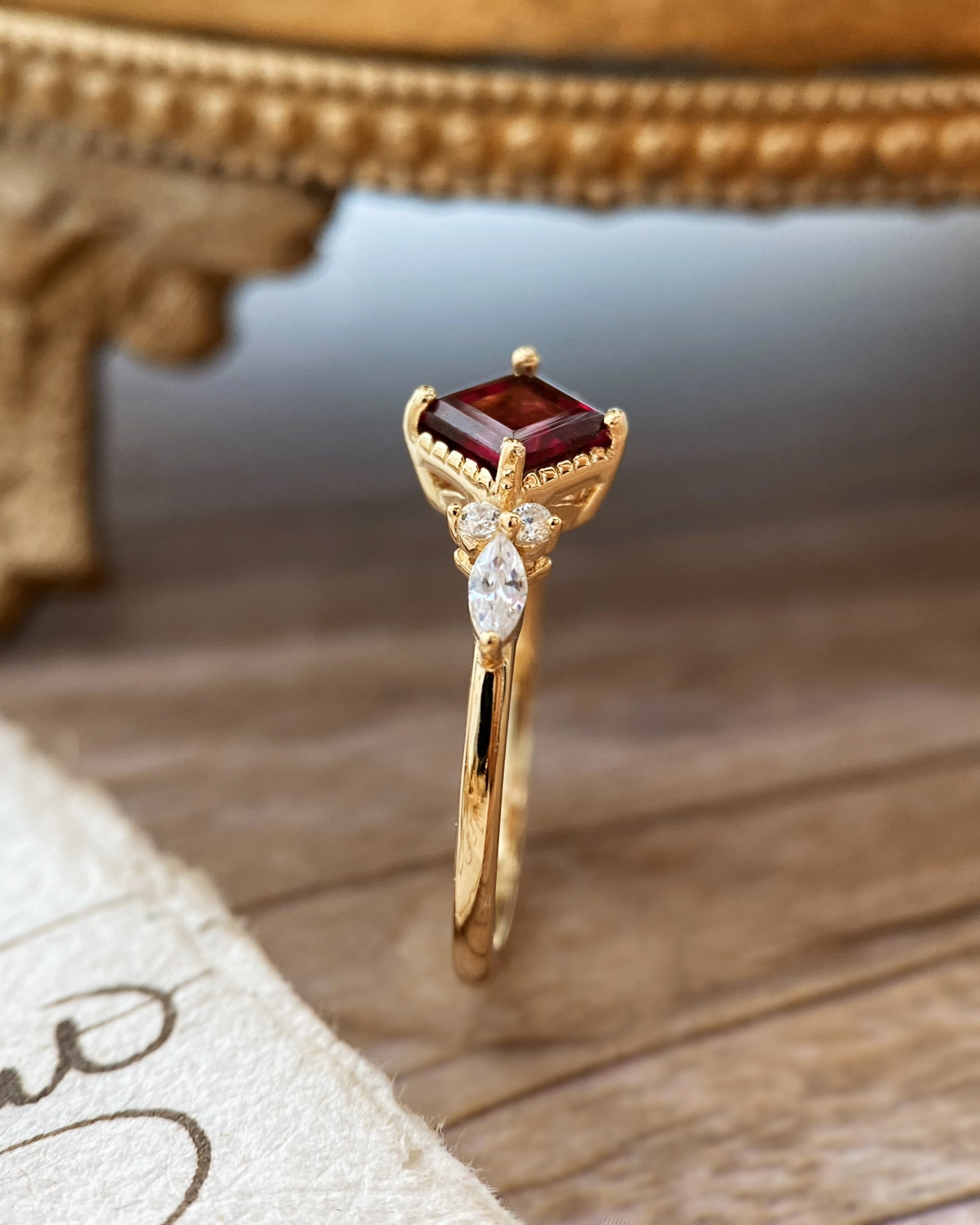 ANTONIA | Handmade Natural Rhodolite Garnet Engagement Ring 0.75ct Princess Cut
