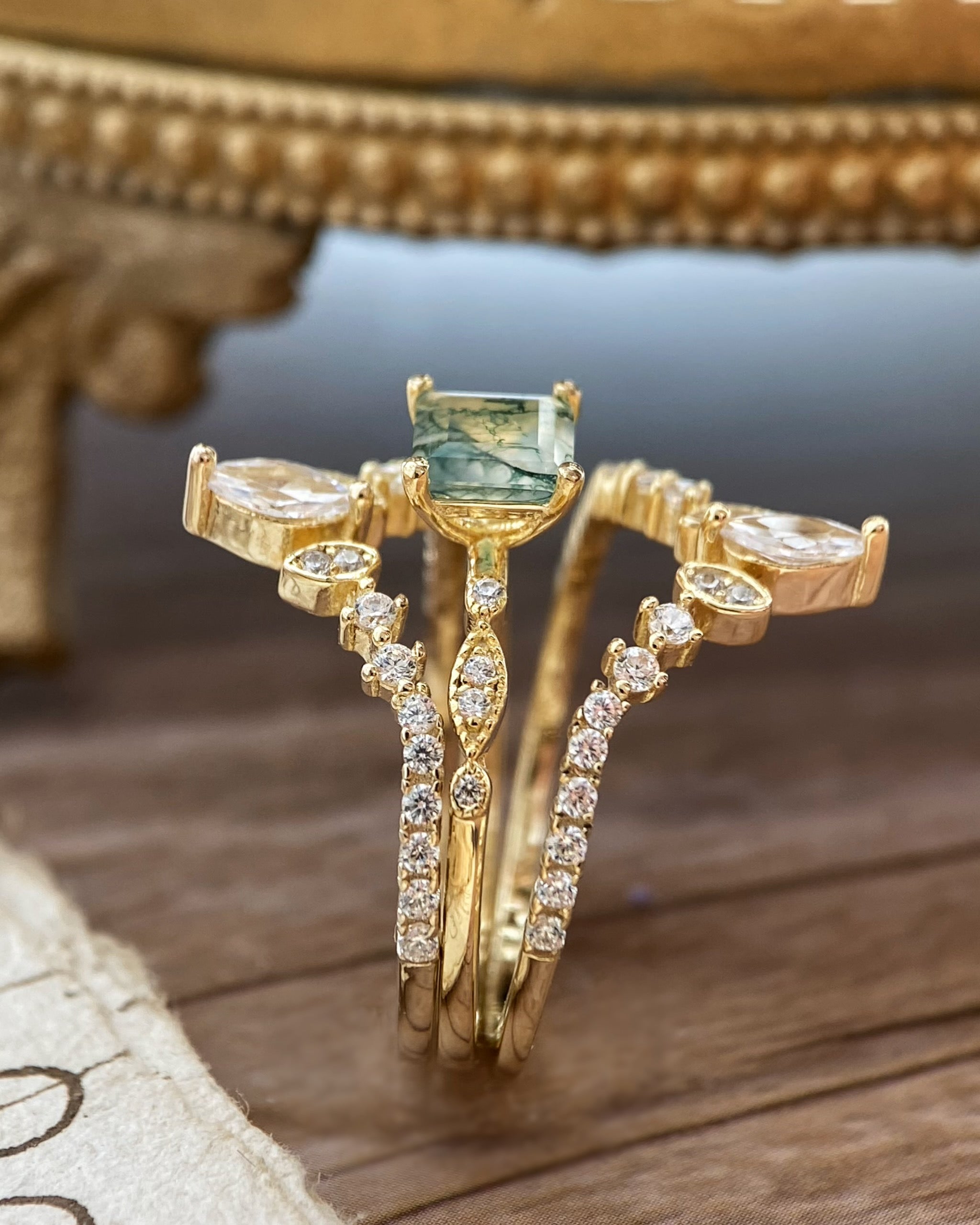 OPHELIA SET | Unique Handmade Natural Moss Agate Engagement Ring Set 3pcs 0.75ct Princess Cut