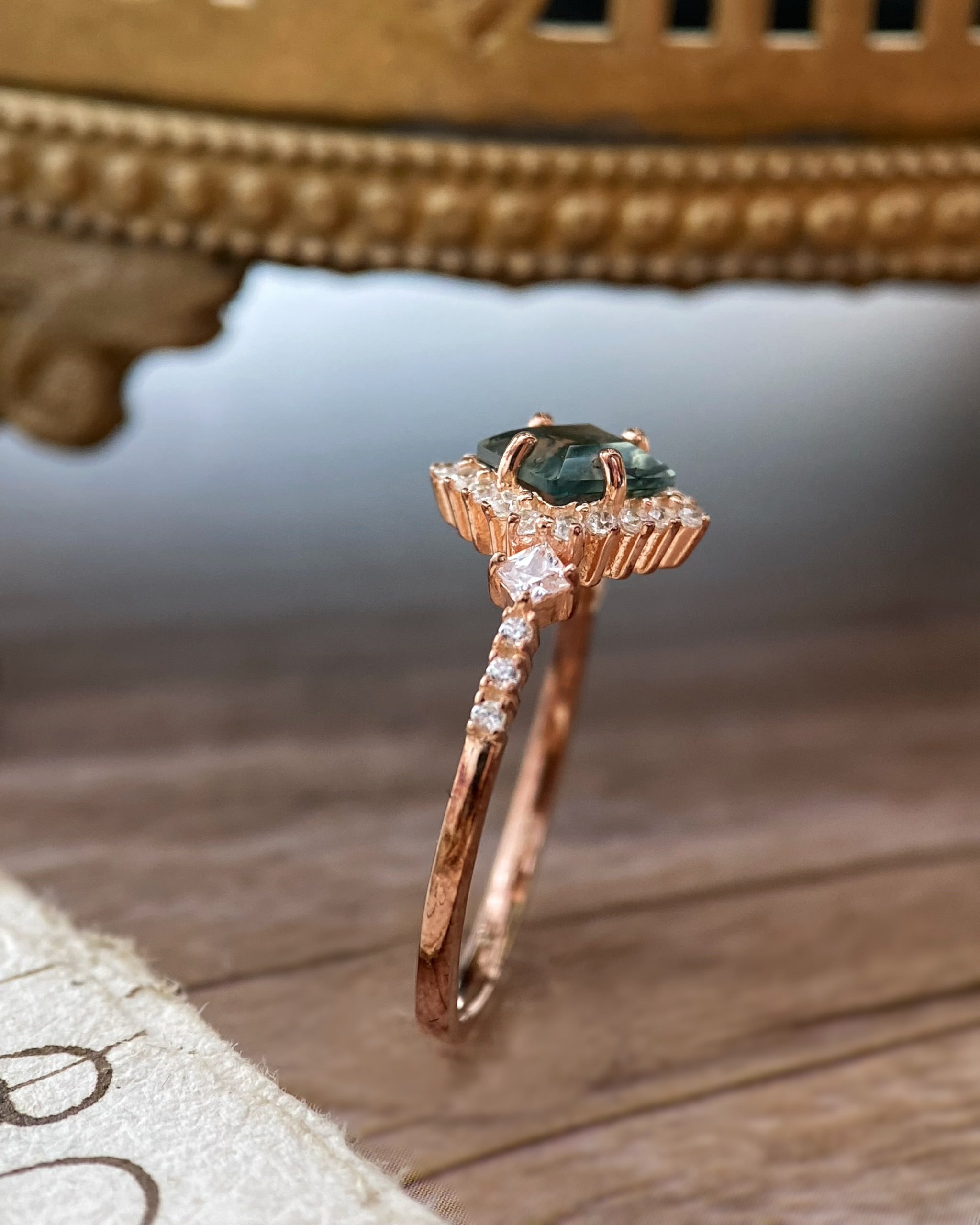 RHIANNON | Unique Handmade Natural Moss Agate Engagement Ring Princess Cut 0.75ct